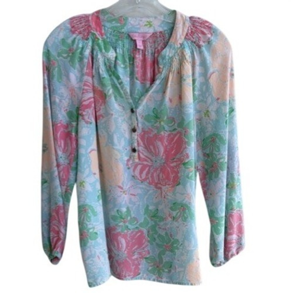 Lilly Pulitzer Silk Floral Smocked Blouse Blue Pink Green Small